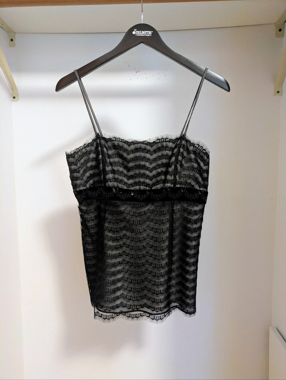 Ann Taylor vintage black lace Cami tank top with embellished velvet waistband si